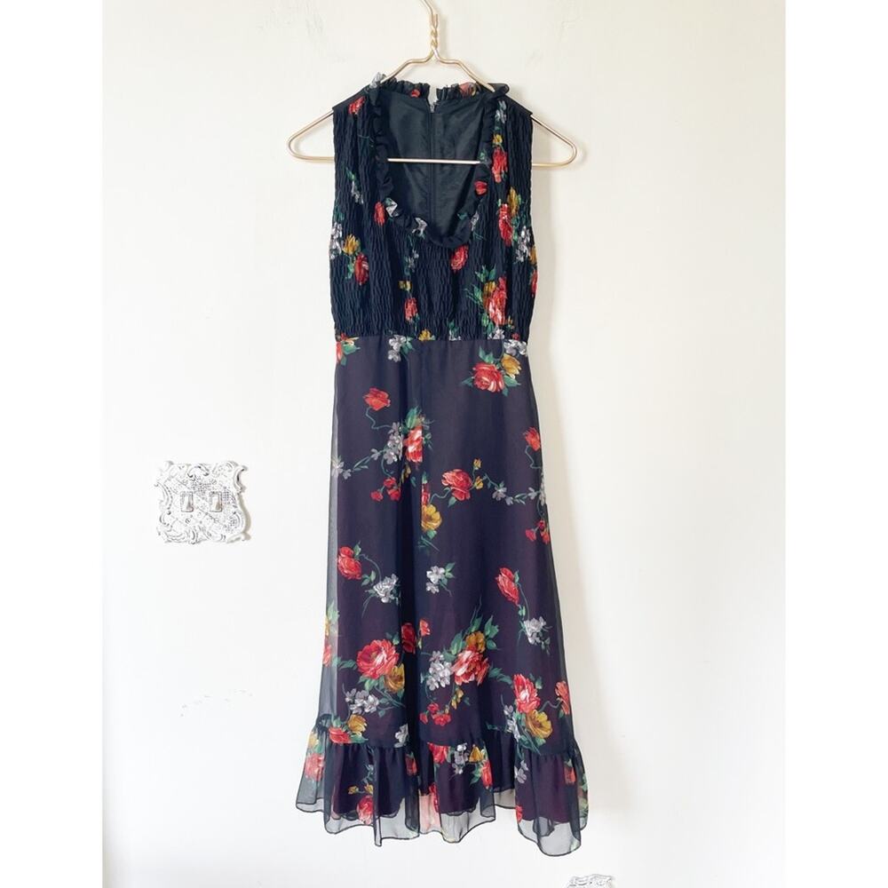 Vintage Black Rose Floral Smocked Ruffle Midi Dress S